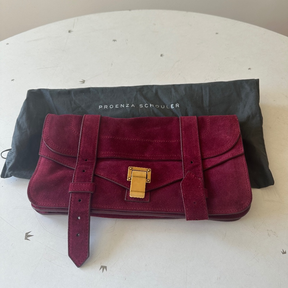 Proenza Schouler burgundy suede PS1 pochette clutch bag with brass hardware